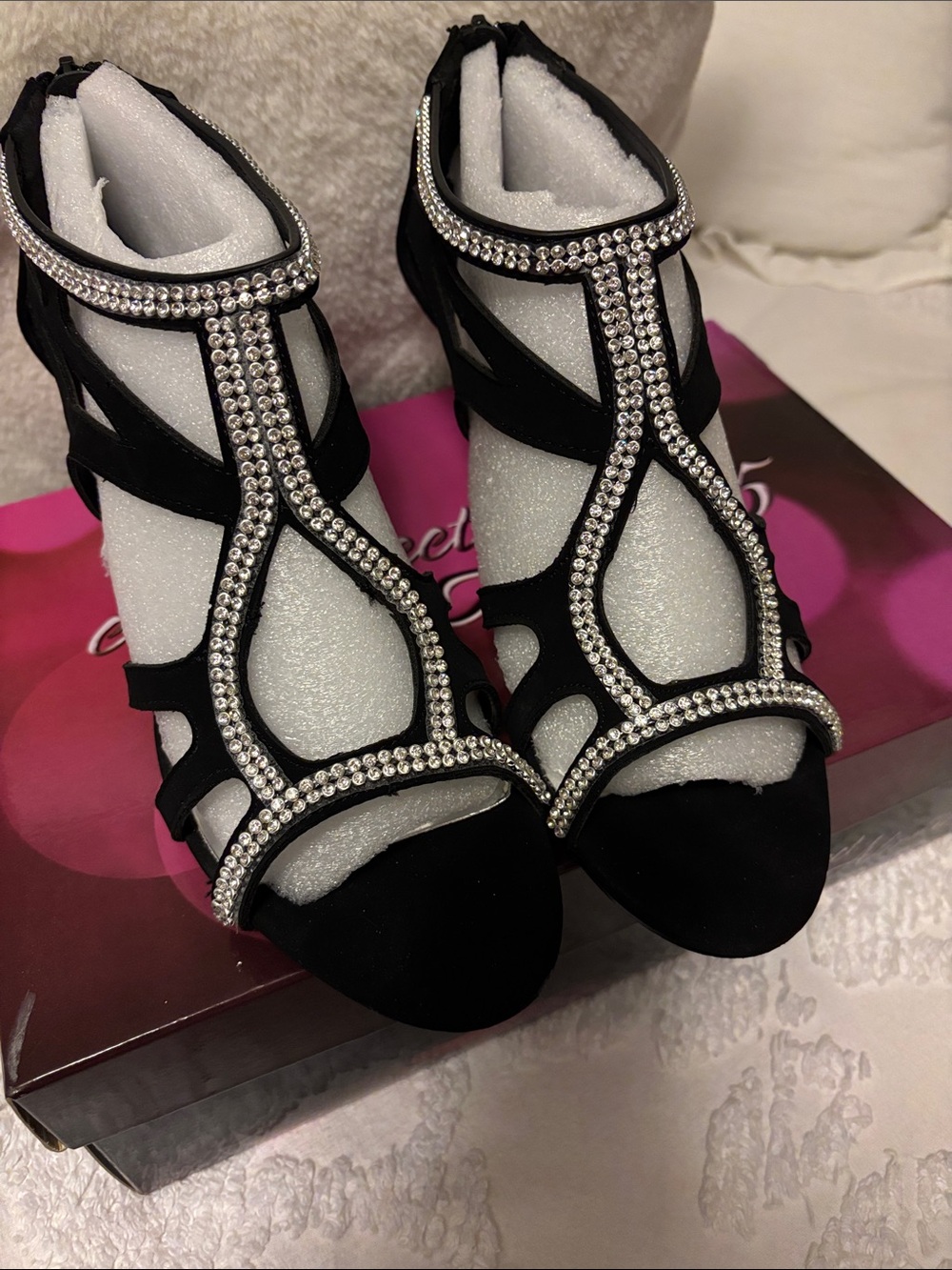 Black T-Strap Heeled Sandals with Crystal Trim